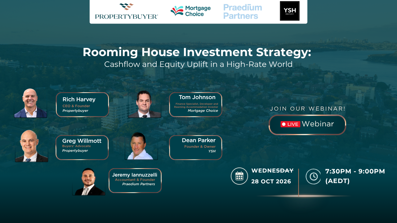 Rooming house investment strategy webinar panel: Rich Harvey, Greg Willmott, Tom Johnson, Dean Parker and Jeremy Iannuzzelli, Wednesday 28 October 2026