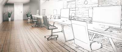 Architectural generation of a newly designed office space, with workspaces lining the wall.