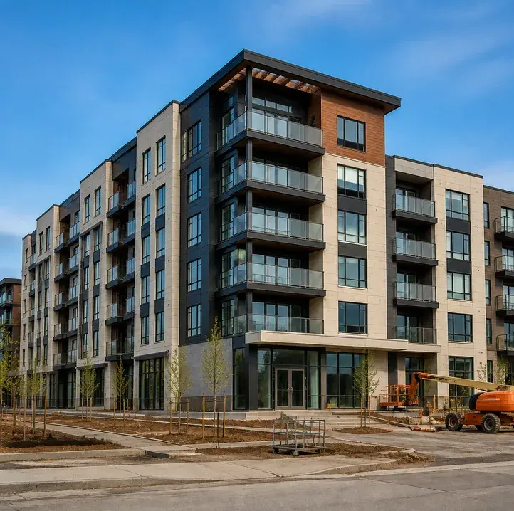A completed mid-rise apartment building on a development site